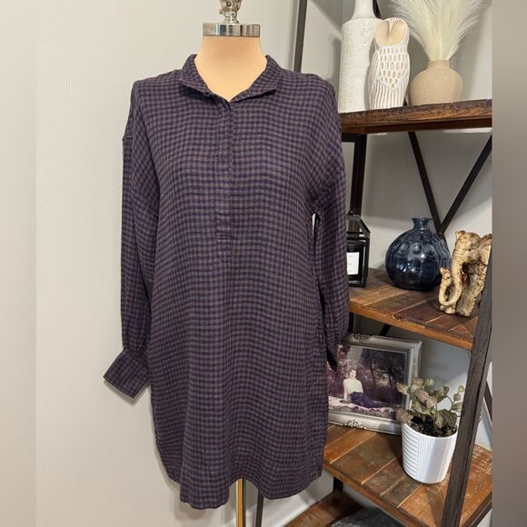 Ann Mashburn Anaya Popover Dress in Brown Navy Gingham Linen Size MED - Picture 5 of 15